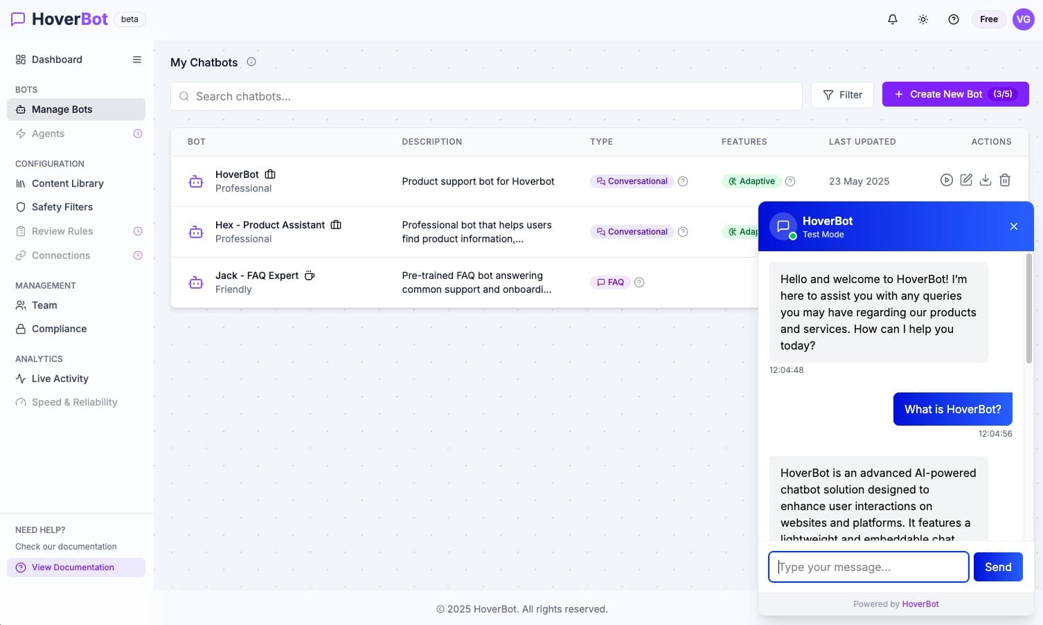HoverBot chatbot management page displaying multiple AI chatbots and their configurations