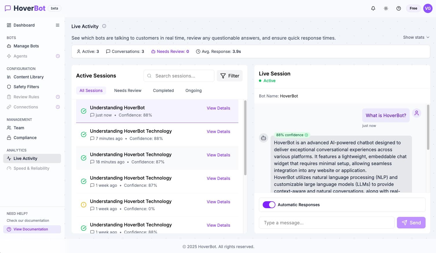 HoverBot chat activity monitor displaying real-time conversations and engagement metrics
