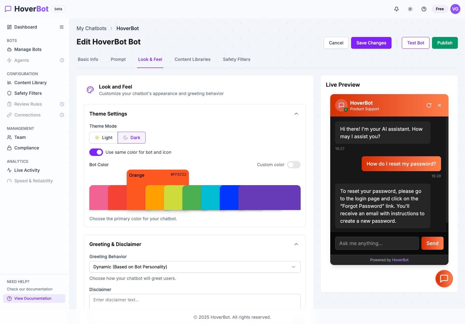 HoverBot chatbot configuration interface with detailed settings and customization options
