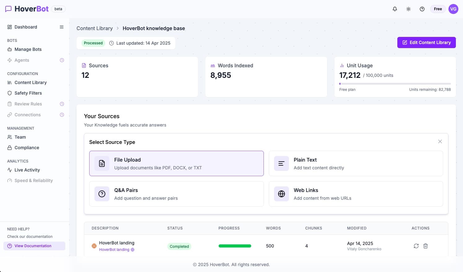 HoverBot content libraries interface for managing chatbot knowledge and training materials