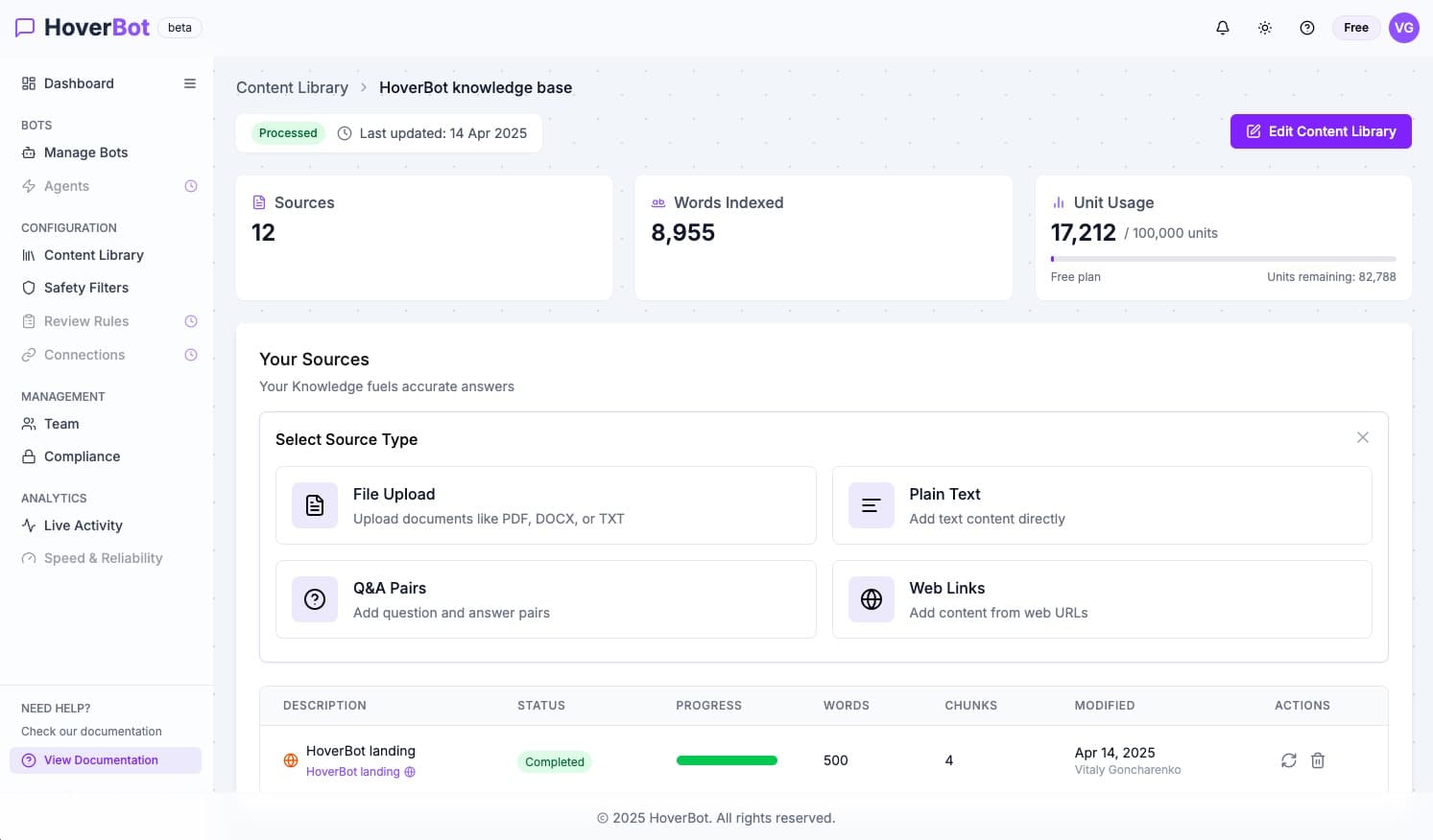 HoverBot advanced content library management with file organization and categorization features