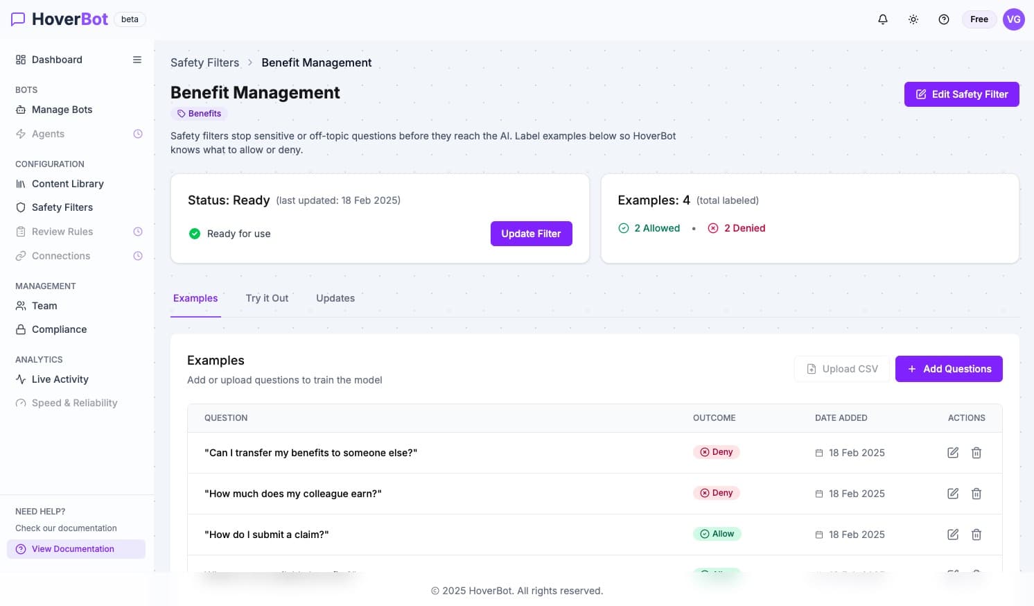 HoverBot safety filters and moderation controls for secure chatbot interactions