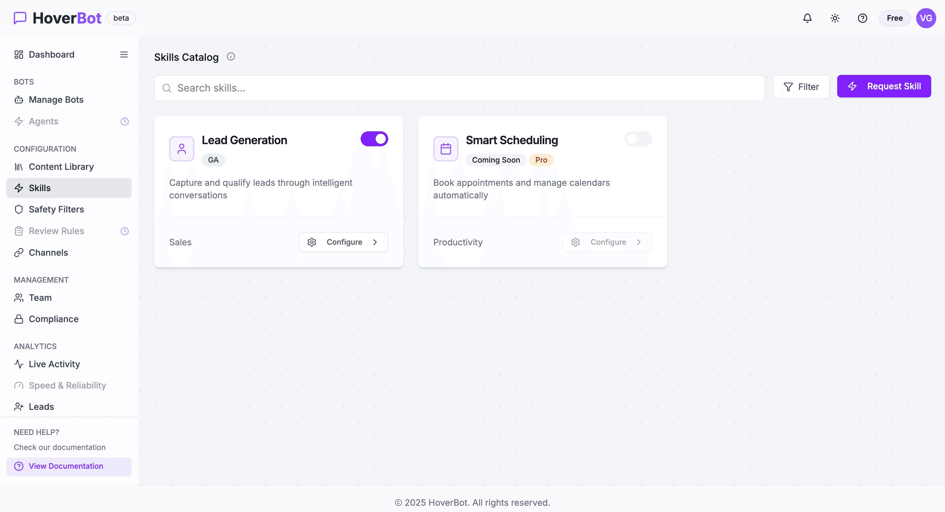 HoverBot Skills Framework showing modular AI chatbot capabilities and skill configuration